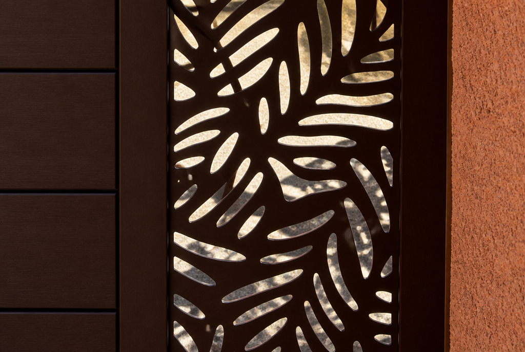 Detail du panneau aluminium brun decoupe au laser, motif vegetal