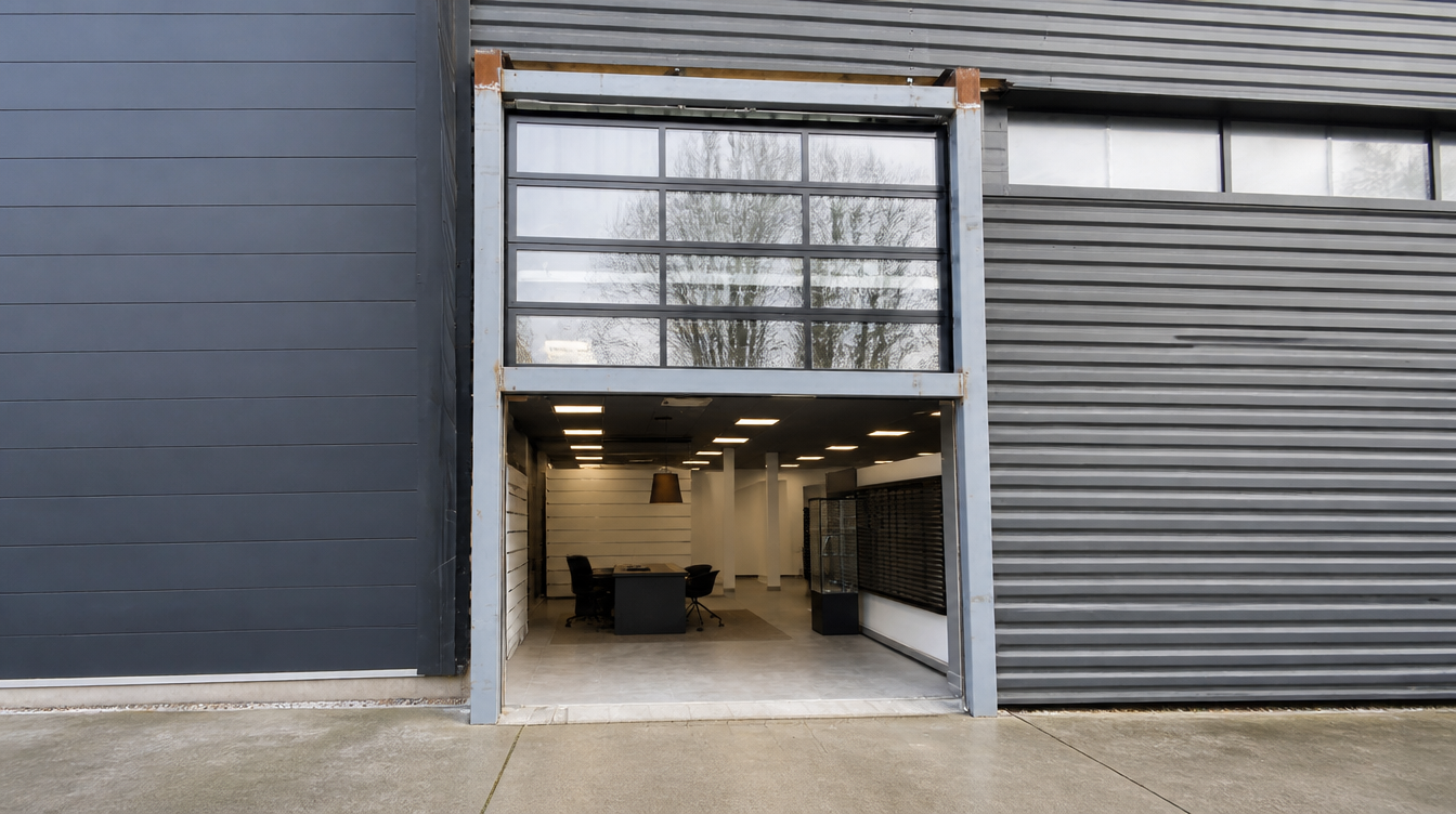 Vue large de la travee industrielle avec porte vitree relevee et interieur eclaire