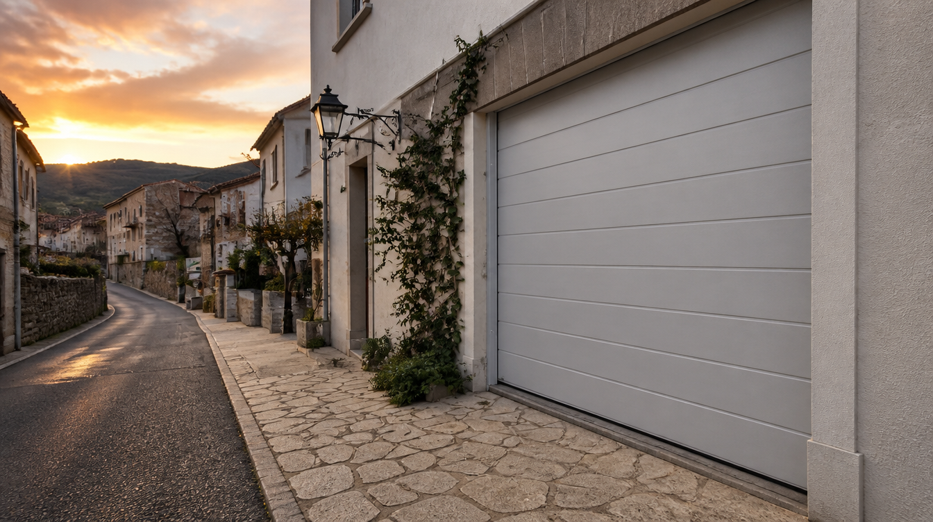 Vue large de la porte de garage sectionnelle grise dans la rue au coucher du soleil