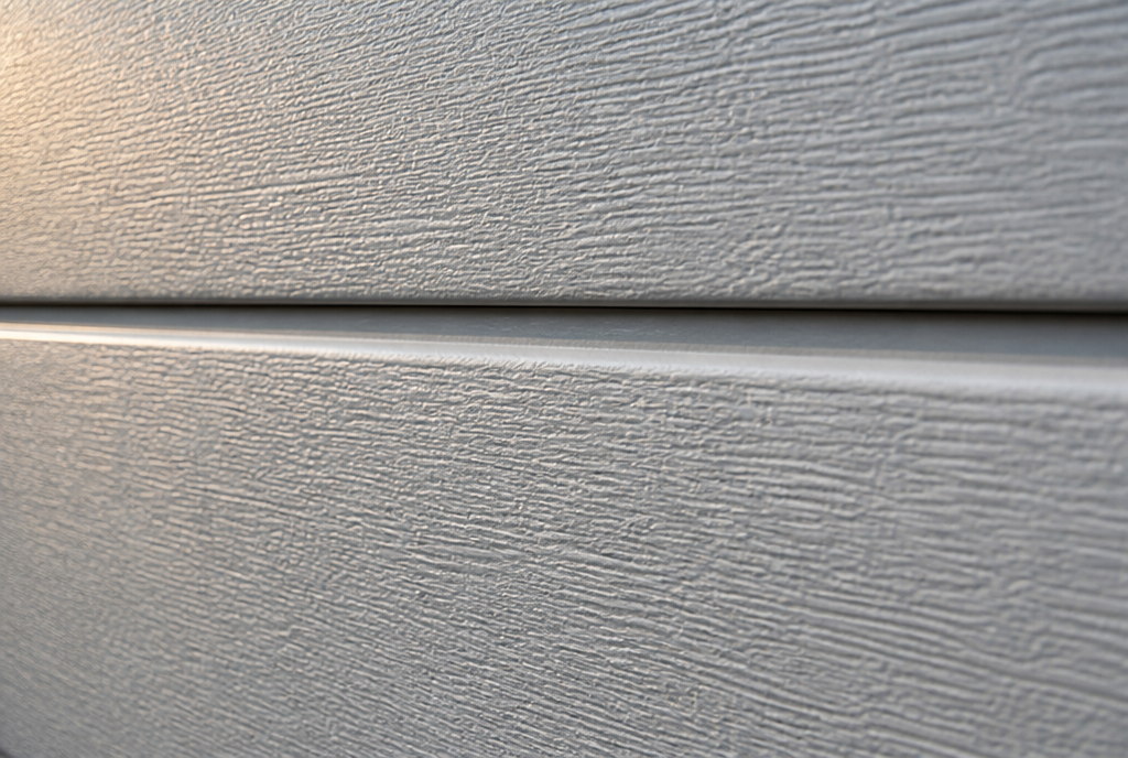 Detail des rainures horizontales et du grain bois des panneaux gris clair