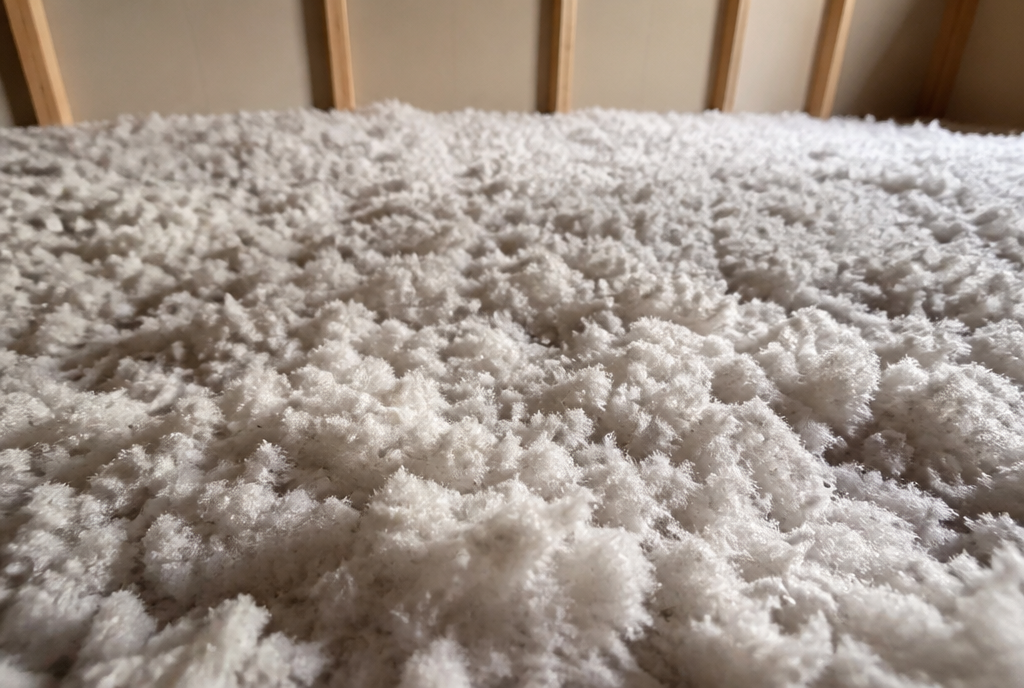 Gros plan sur les flocons de laine minerale soufflee, texture fibreuse