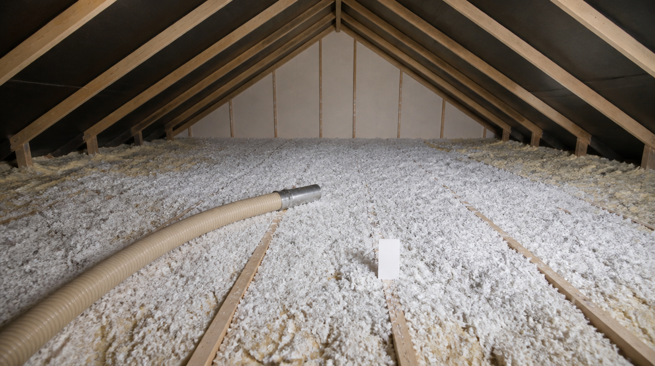 Vue large des combles isoles par soufflage, laine blanche entre les solives