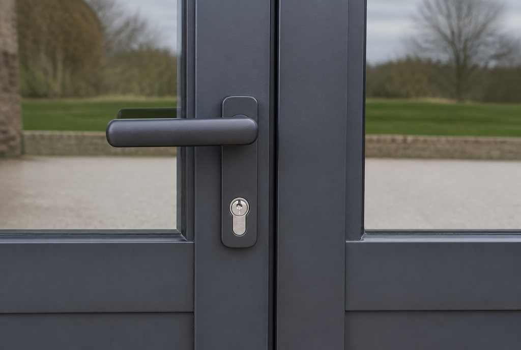 Gros plan sur la poignee anthracite et le profile aluminium du vantail gauche