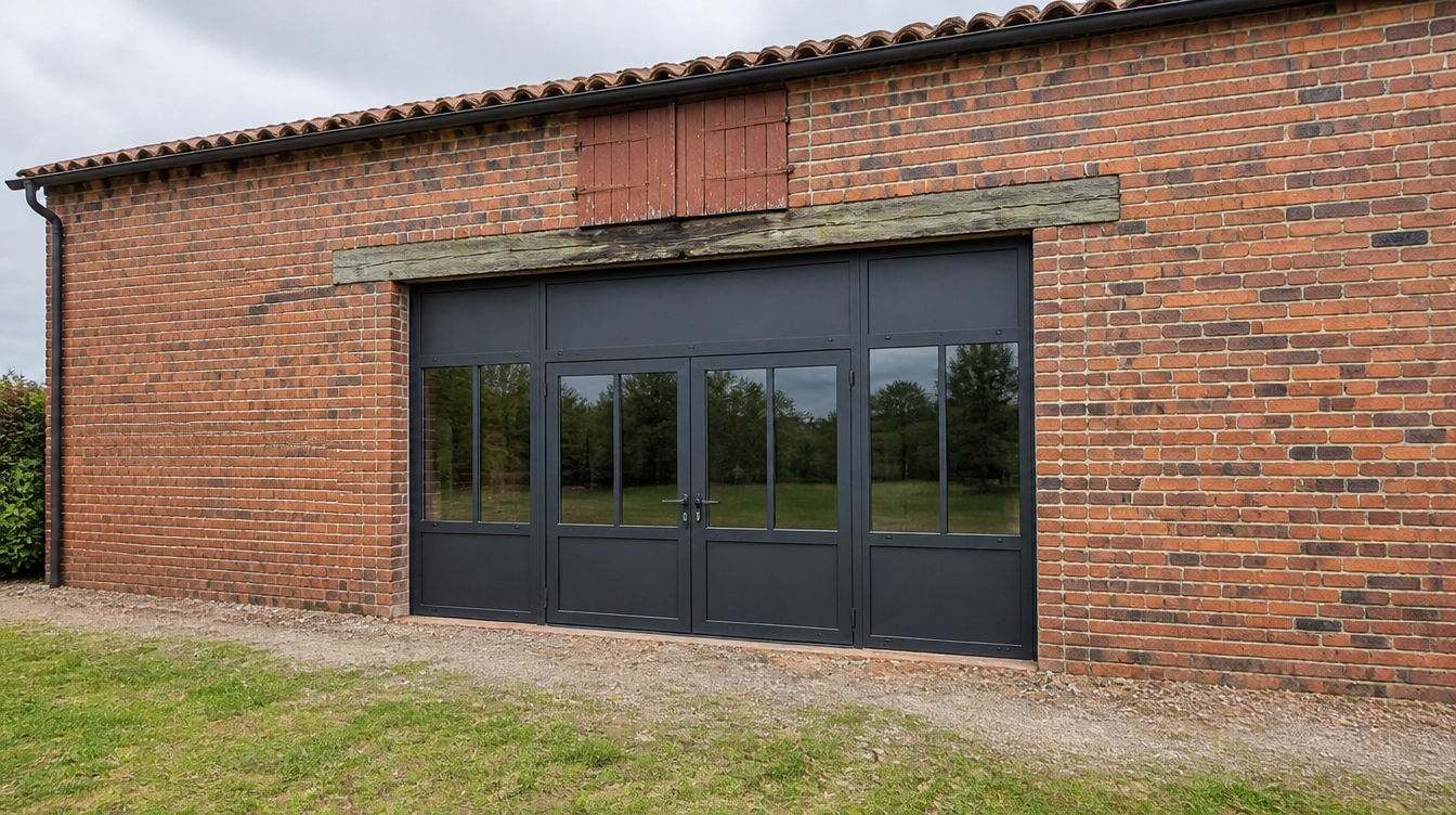 Vue large de la facade en brique avec sa grande menuiserie aluminium anthracite