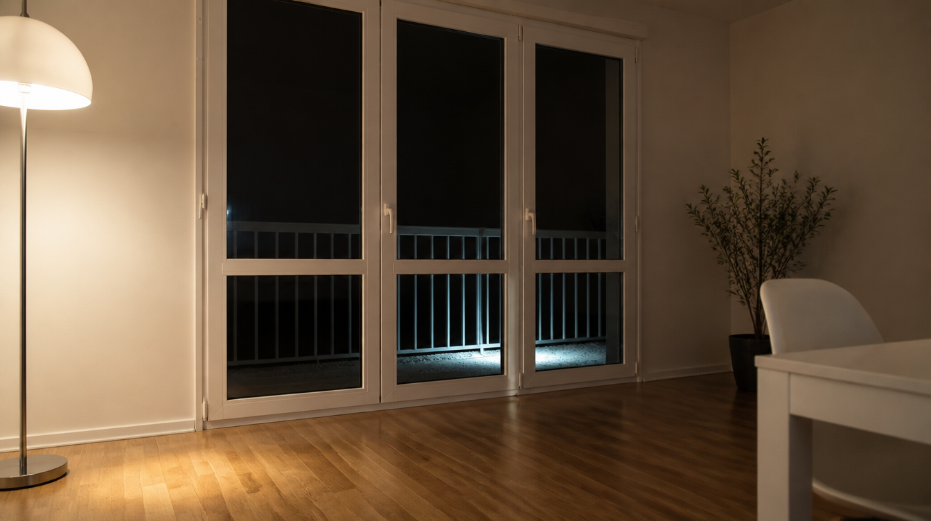 Ambiance de nuit, lumiere chaude sur le parquet chene au pied de la baie vitree