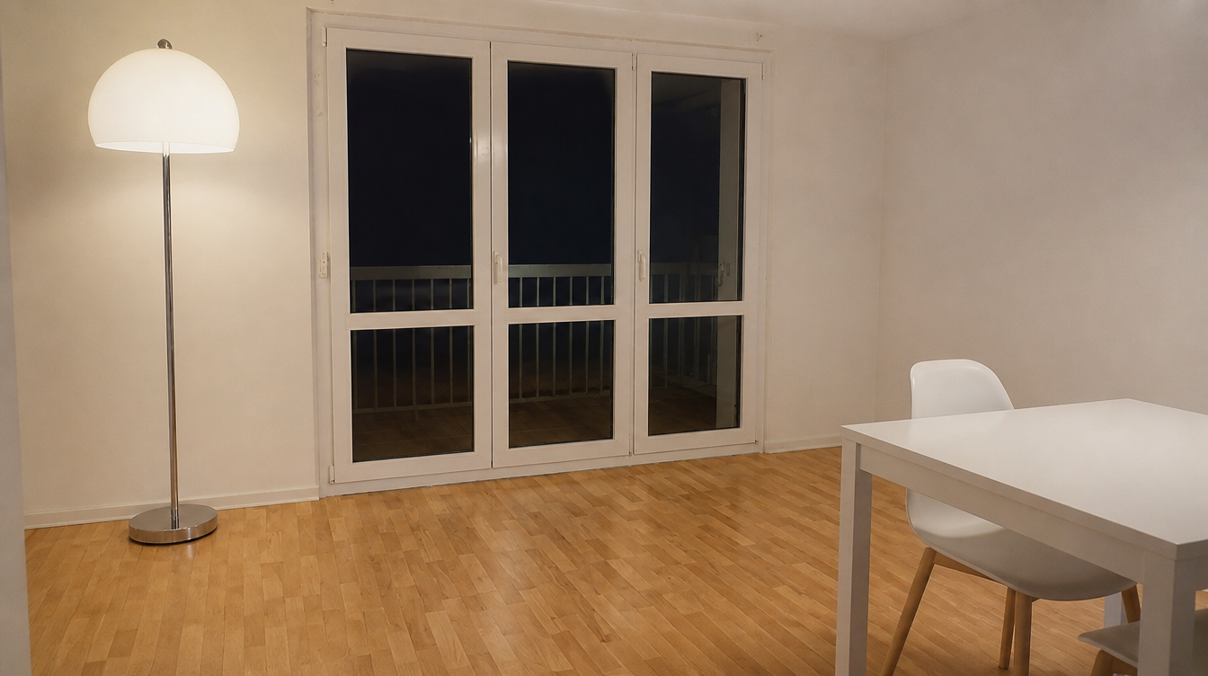 Vue large du sejour avec la baie vitree aluminium blanche trois vantaux