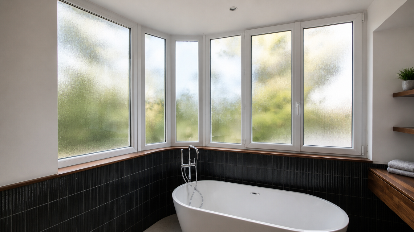 Vue large de la salle de bain et de sa baie PVC en angle