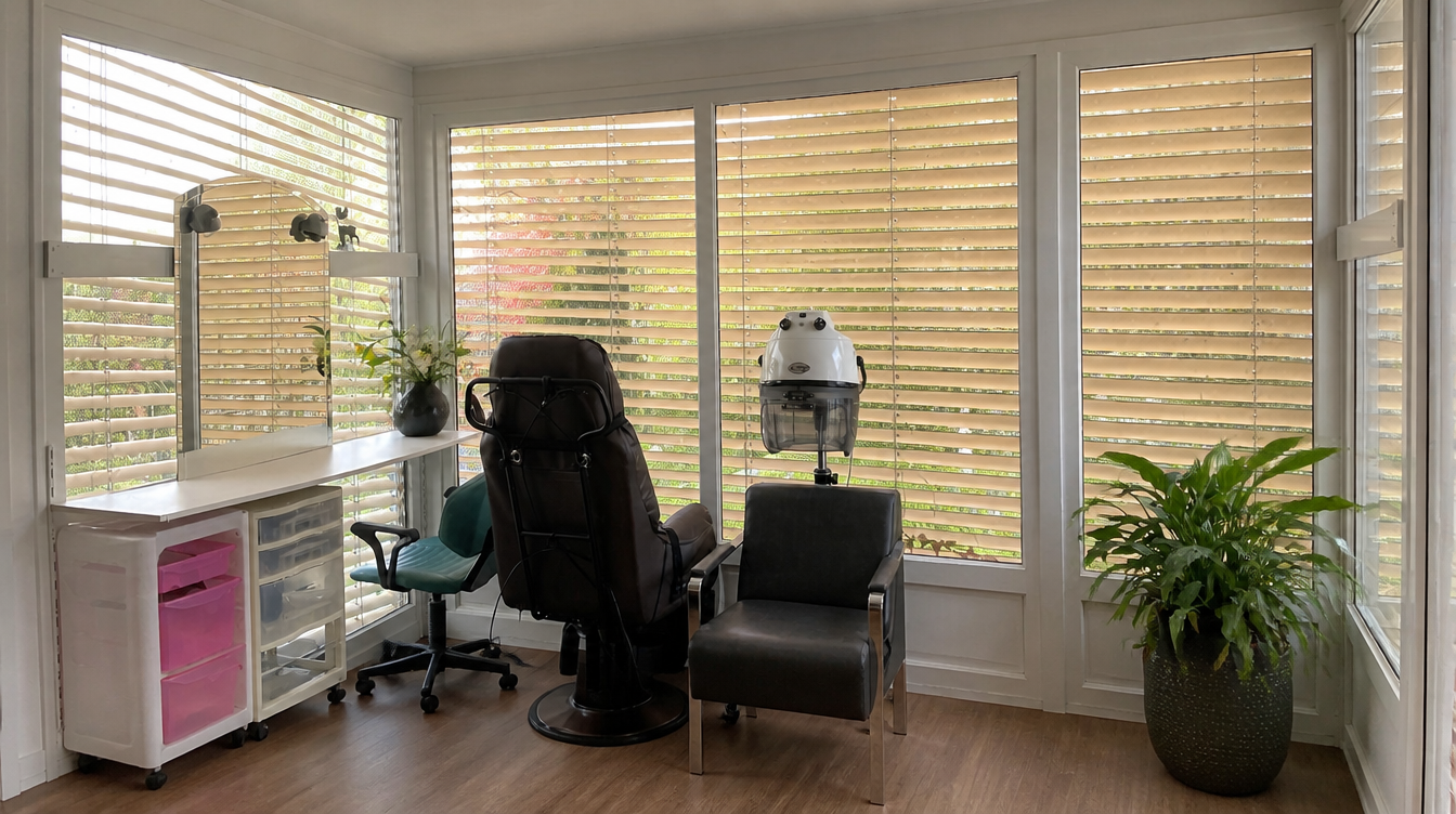 Vue large de la veranda vitree avec ses menuiseries PVC blanches et stores
