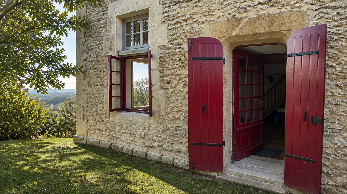 Vue large de la maison en pierre avec porte rouge et volets ouverts