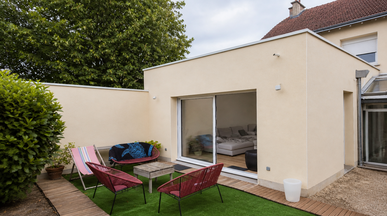 Vue large de la terrasse avec la grande baie coulissante aluminium blanche de l'extension