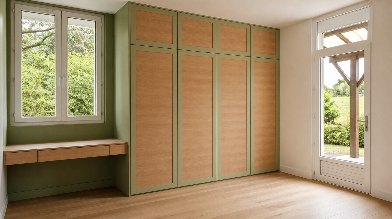 Vue large de la piece avec le dressing pleine hauteur vert et chene