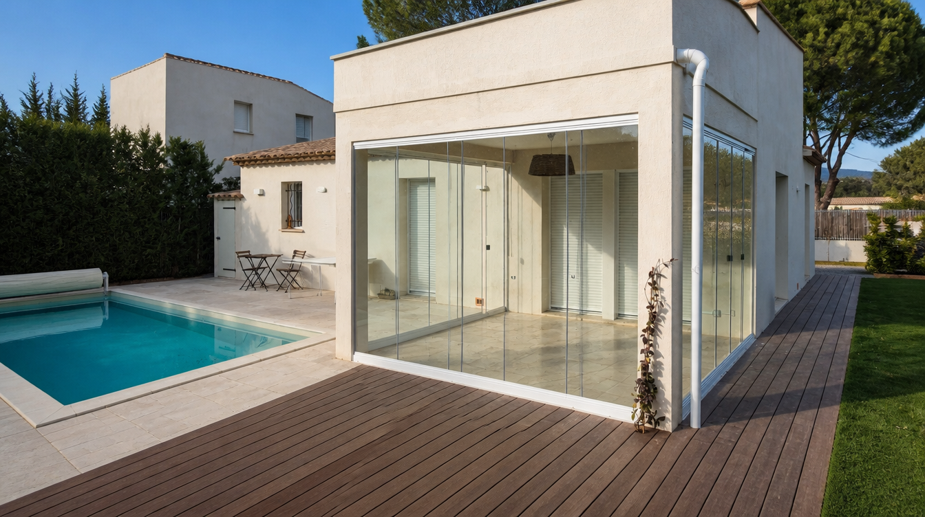 Vue large des murs de verre pivotants fermant la loggia, piscine turquoise au premier plan