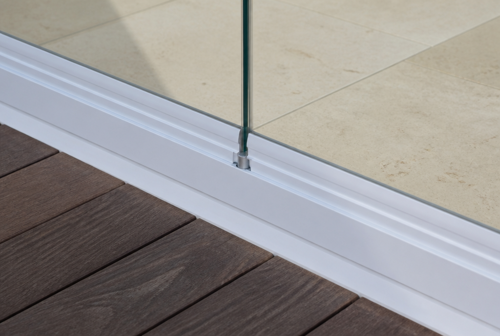 Détail du rail bas aluminium blanc et du pivot d'un panneau de verre