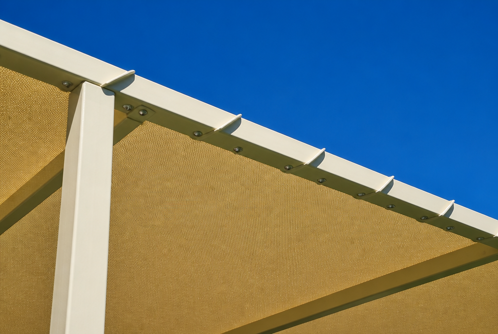Détail des clips de laçage de la toile micro-perforée sur la poutre acier