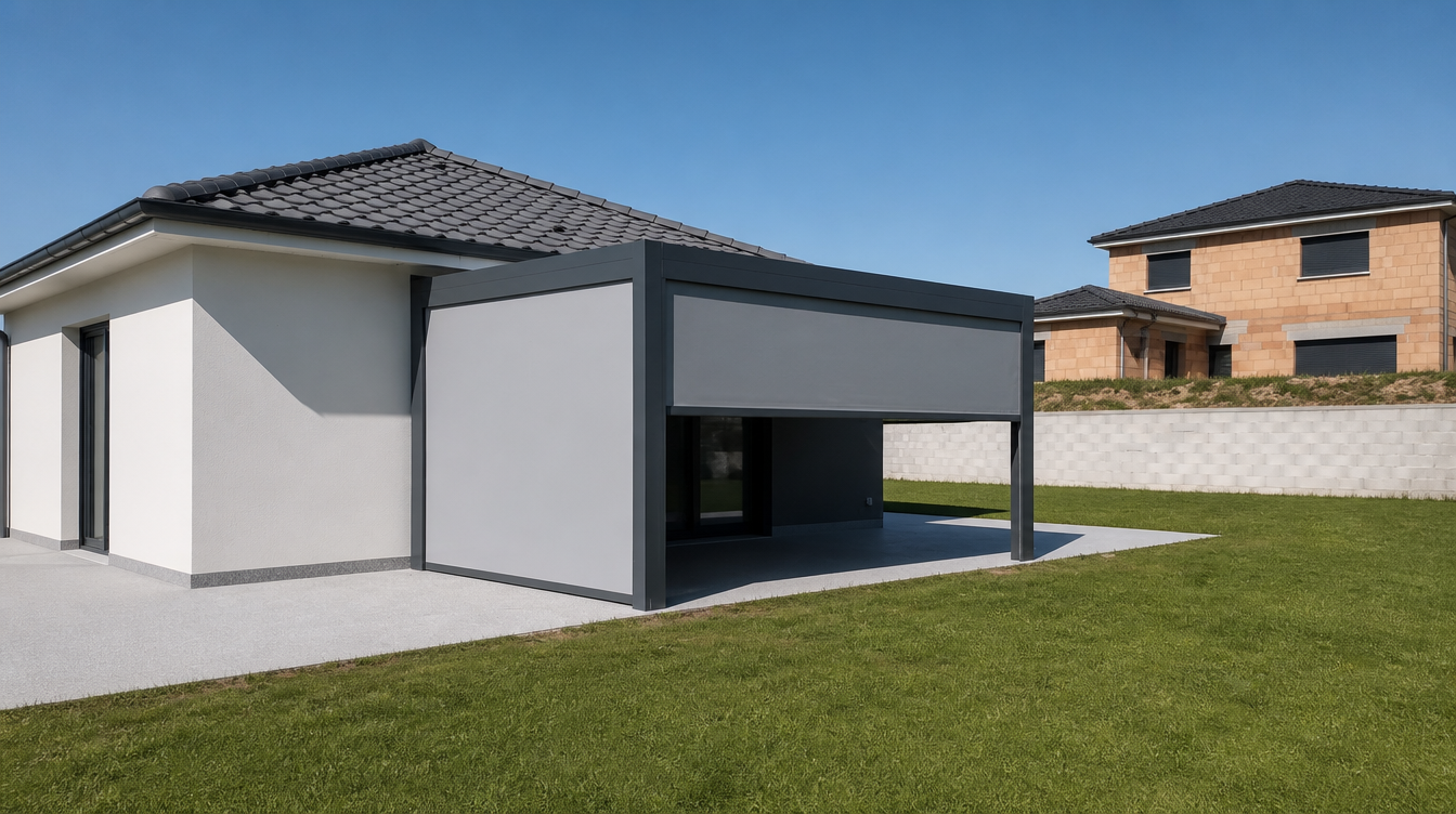 Vue large de la pergola aluminium anthracite adossée à la maison, pelouse au premier plan