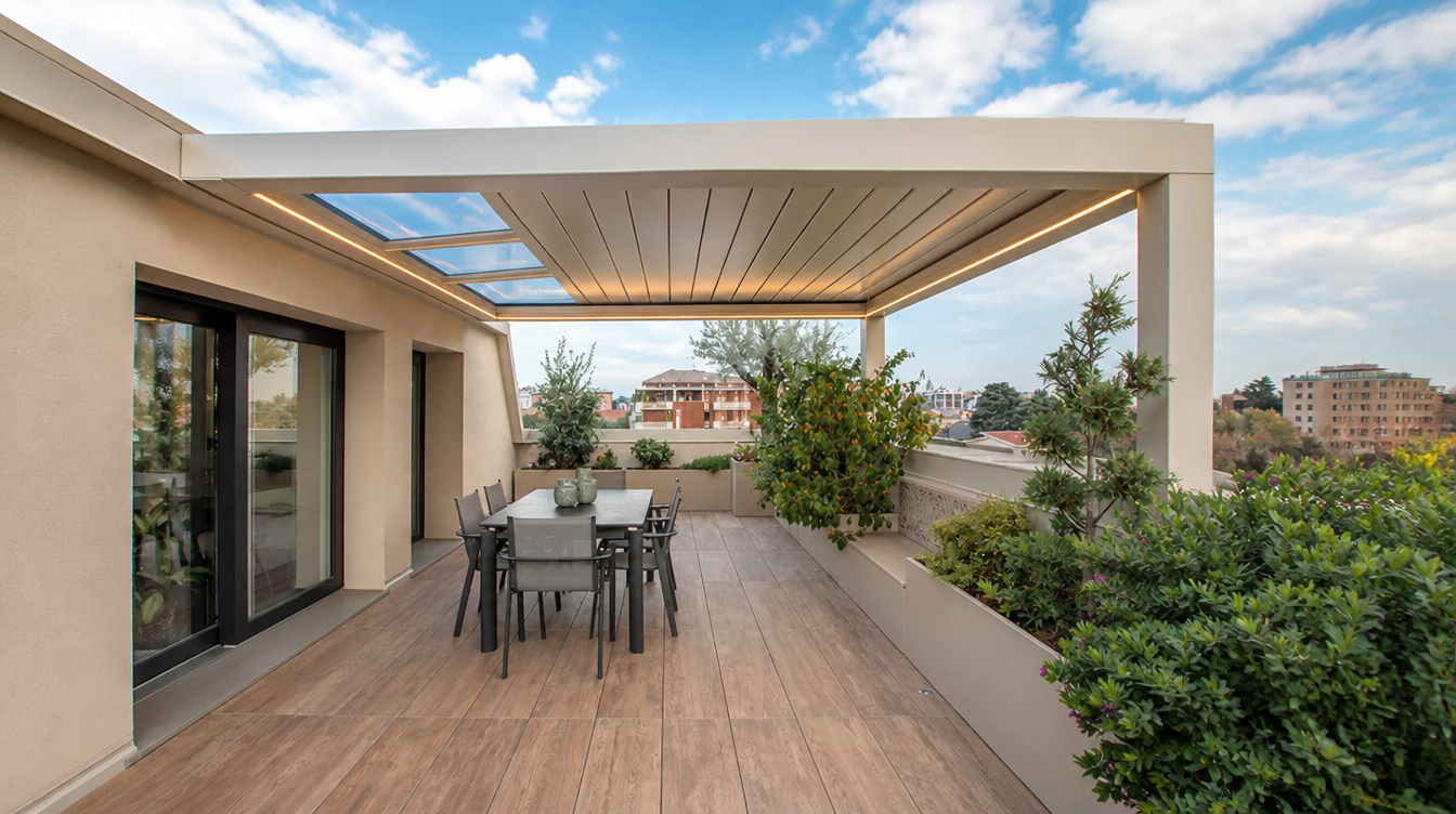 Vue large de la pergola bioclimatique en toiture terrasse avec la ville en arrière-plan