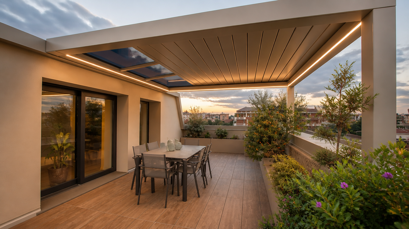 Ambiance de fin de journée sur la terrasse, éclairage LED allumé