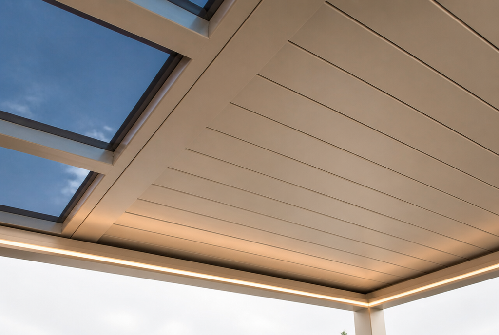 Détail des lames orientables, du puits de lumière vitré et du bandeau LED