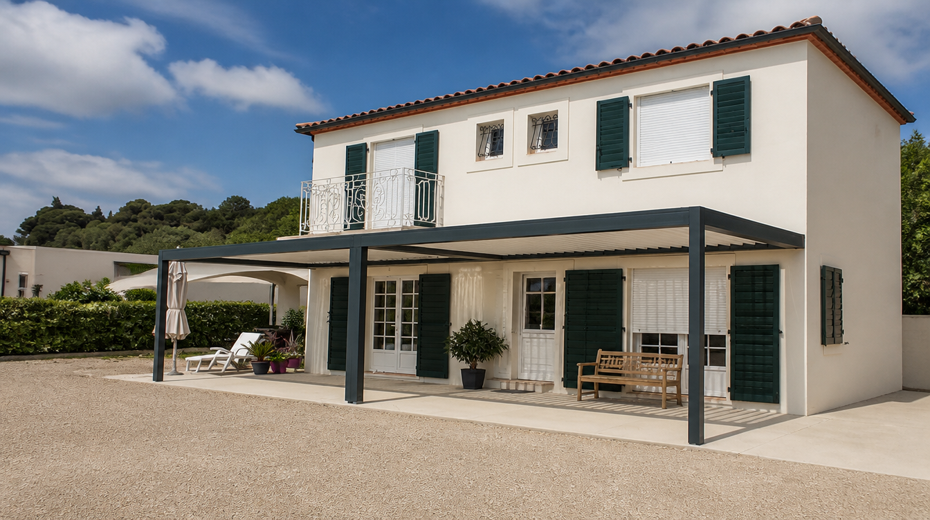 Vue large de la pergola bioclimatique deux modules adossée à la maison