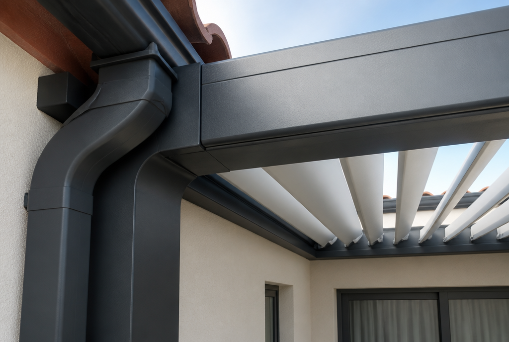 Detail du poteau aluminium anthracite, de la poutre et des lames orientables de la pergola