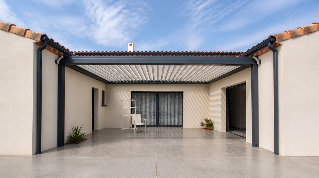 Vue large de la pergola bioclimatique anthracite installee entre deux murs d'une maison creme
