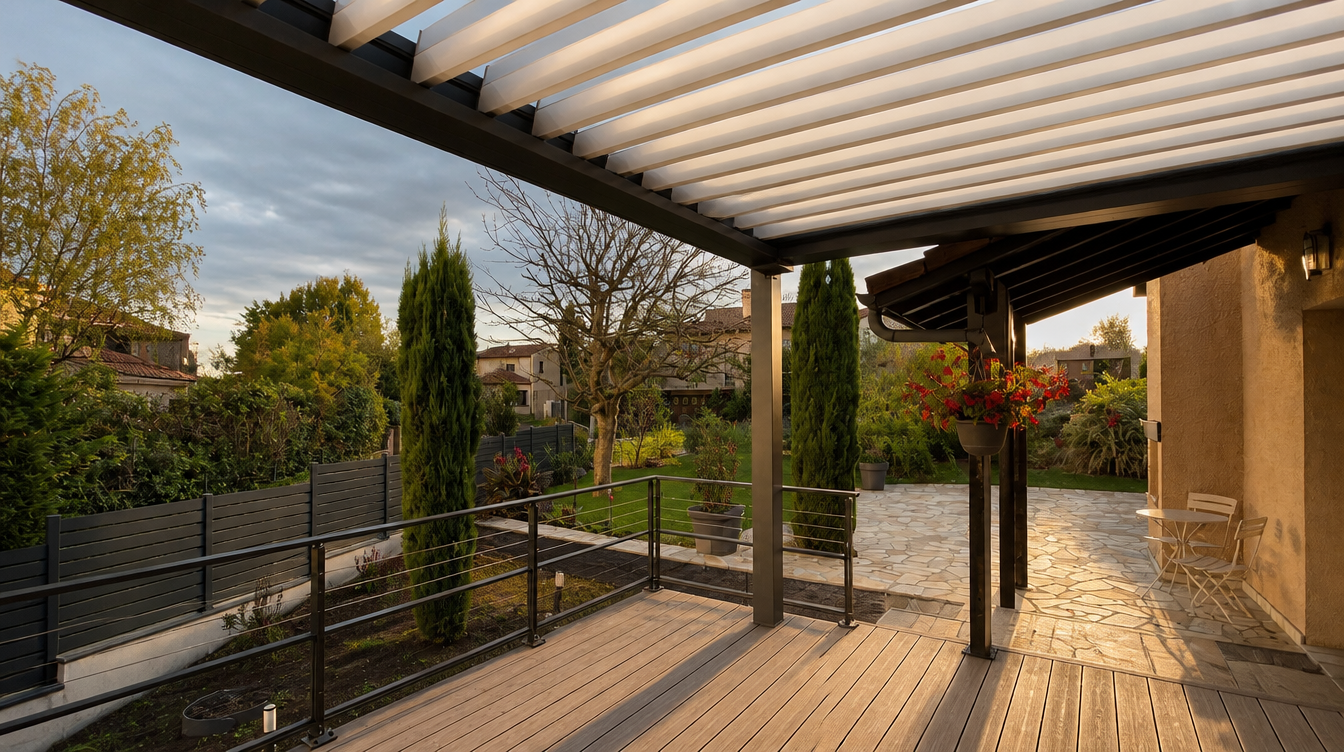 Ambiance de fin de journee sur la terrasse couverte par la pergola a lames orientables