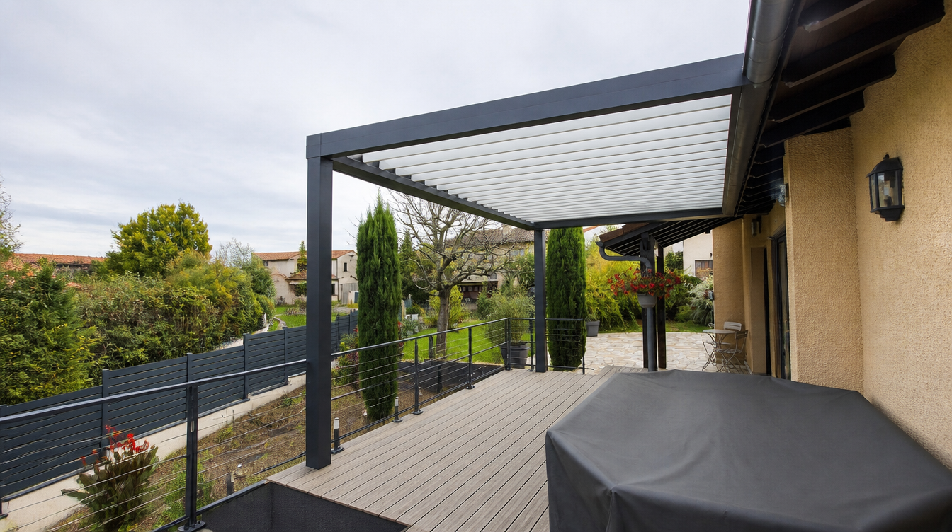 Vue large de la pergola bioclimatique adossee a la maison au-dessus de la terrasse en bois