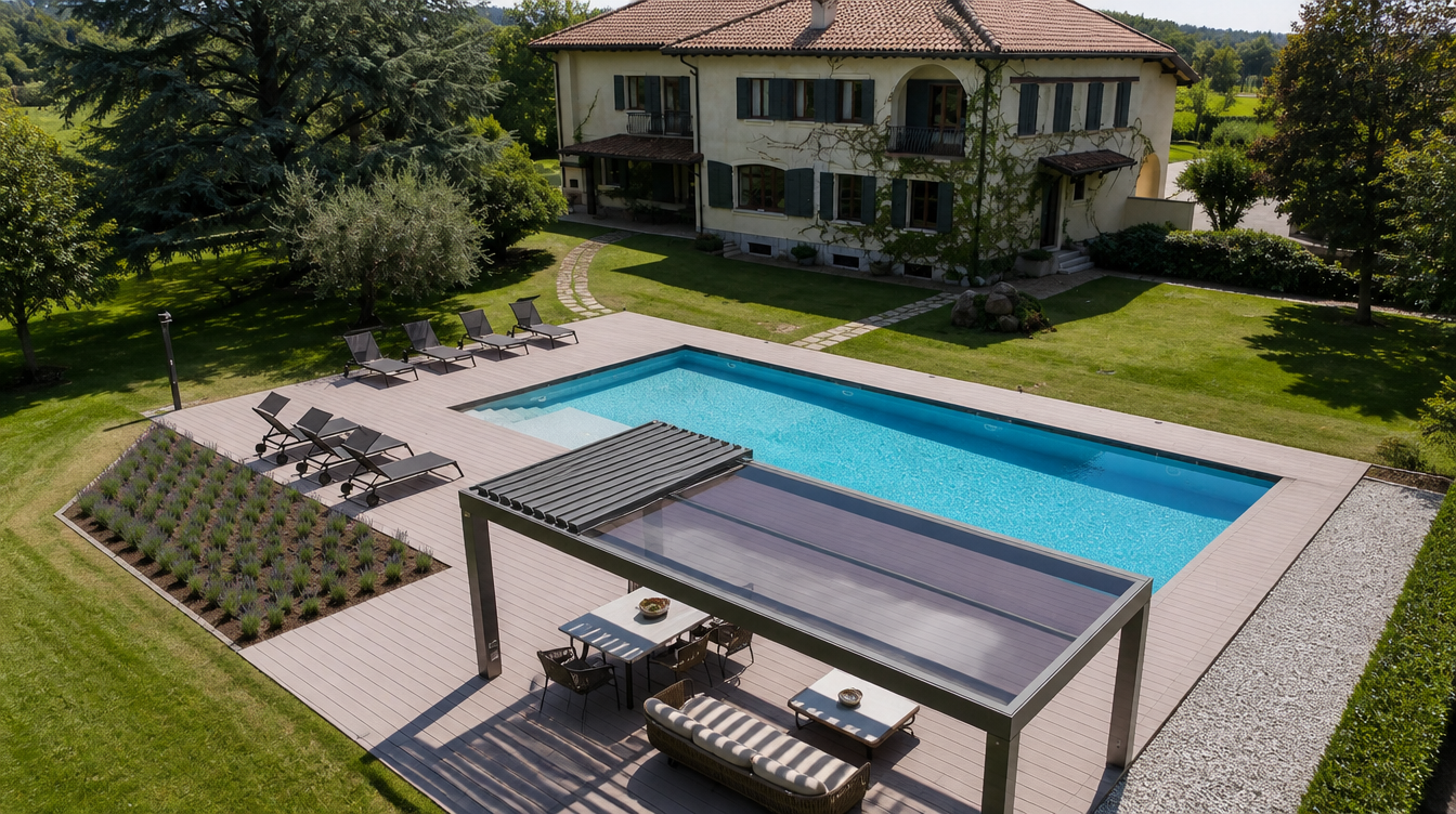 Vue aerienne de la pergola bioclimatique retractable en bord de piscine devant la villa