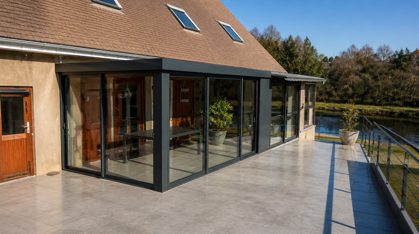 Vue large de la pergola vitree anthracite adossee a la maison, terrasse carrelee et etang