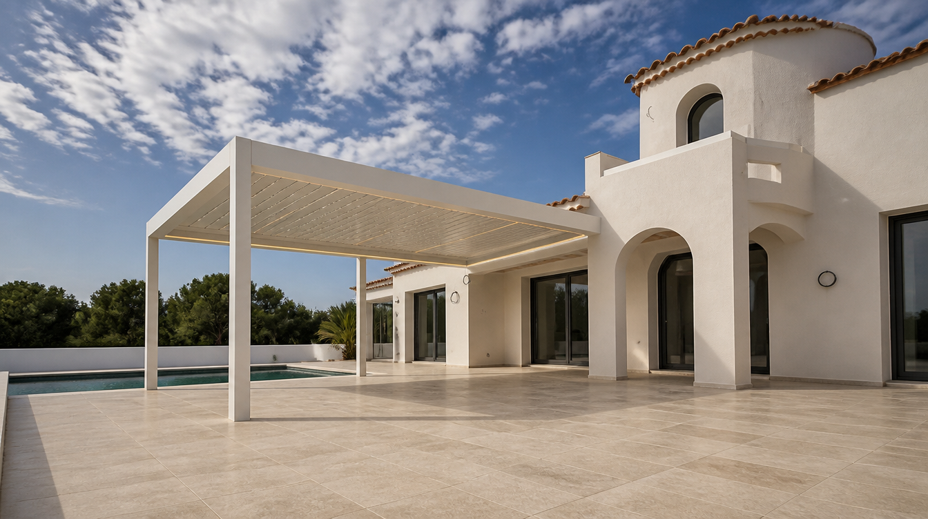 Vue large de la pergola bioclimatique blanche sur la grande terrasse de la villa mediterraneenne