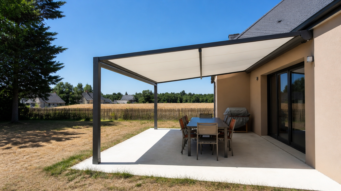 Vue large en trois-quarts de la pergola a toile enroulable deployee au-dessus de la terrasse