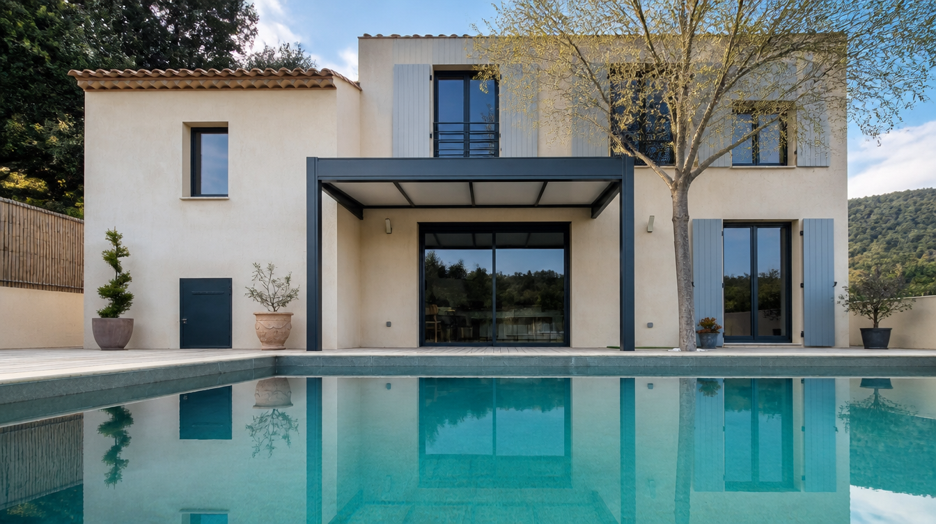 Vue large depuis la piscine sur la pergola aluminium anthracite adossée à la villa