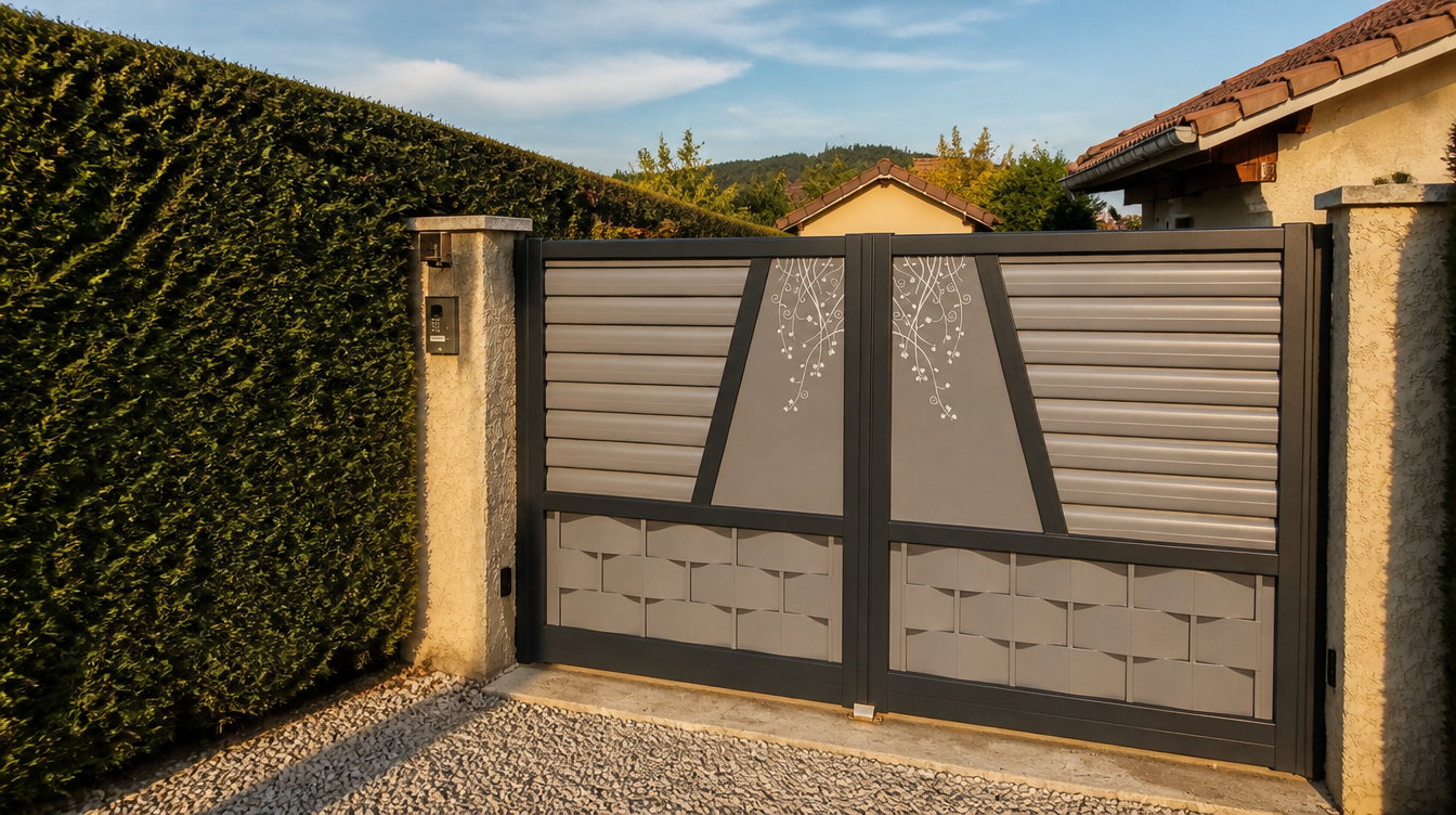Lumière rasante de fin de journée sur l'entrée et son portail aluminium