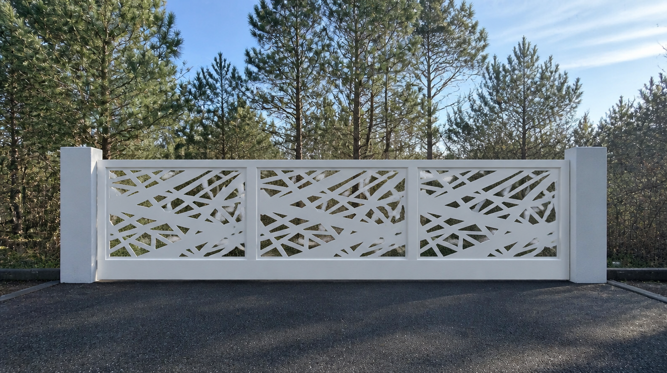Portail coulissant aluminium blanc à motifs ajourés vu depuis l'allée