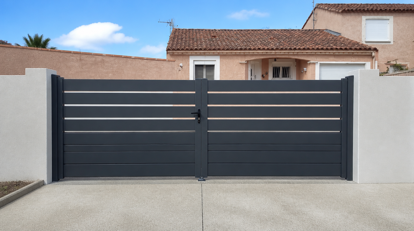 Portail battant aluminium gris anthracite à lames ajourées vu depuis la cour