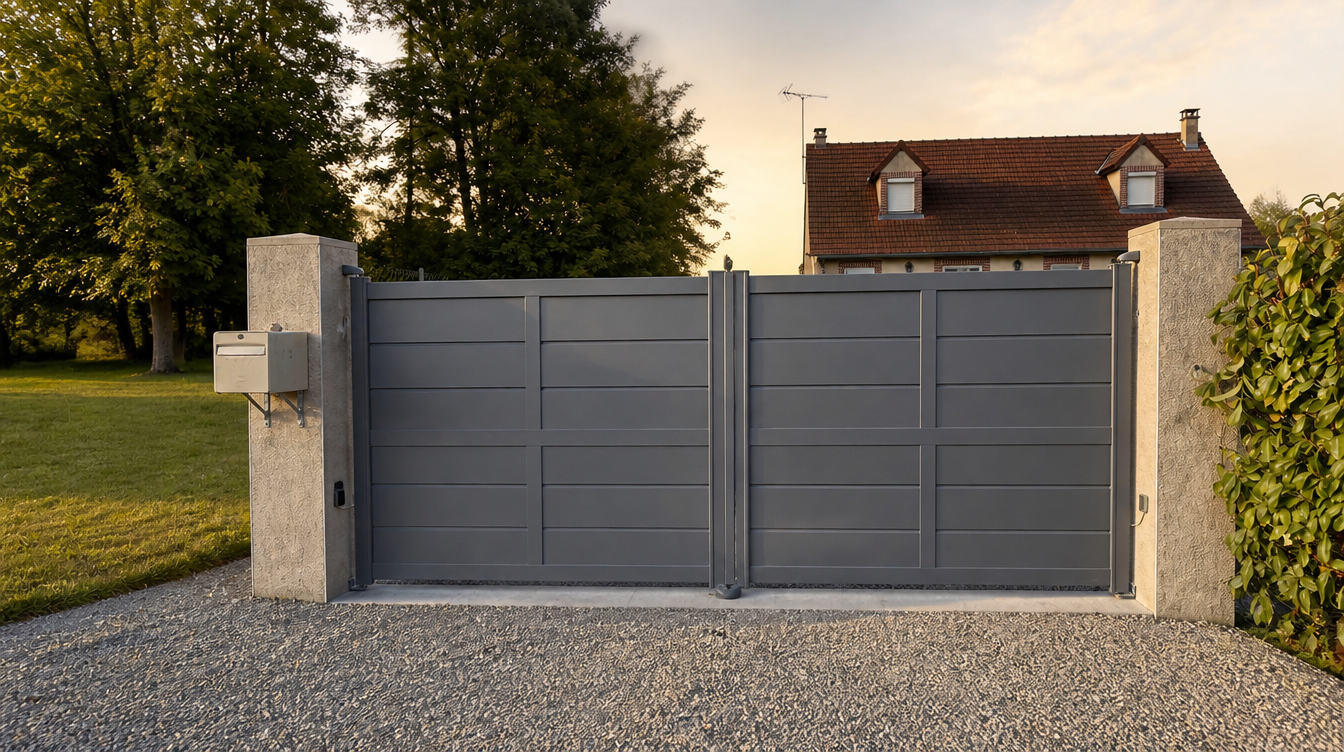 Portail aluminium gris en lumière rasante de fin de journée sur l'allée gravillonnée