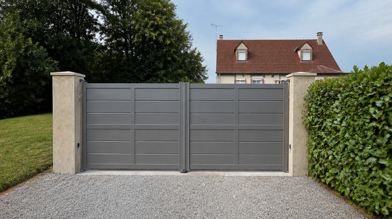 Vue large en trois quarts du portail aluminium gris devant la maison à toiture rouge