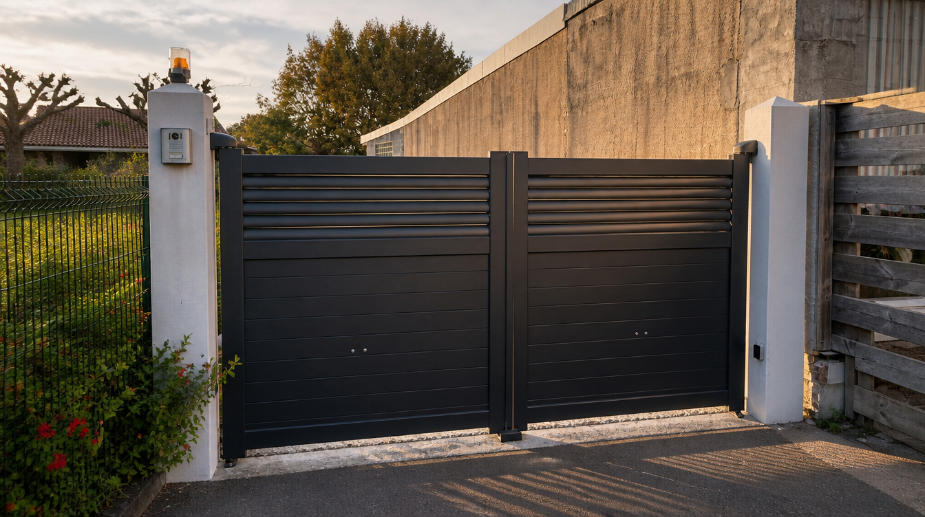 Portail aluminium anthracite en lumiere rasante de fin de journee, vu depuis la gauche