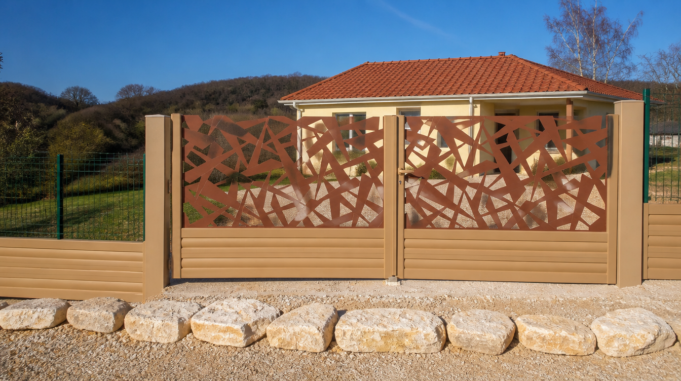 Vue large en trois quarts du portail bicolore beige et brun devant la maison