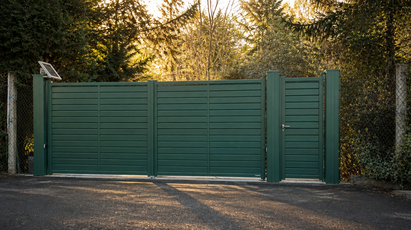 Portail aluminium vert en lumière rasante de fin de journée sous les conifères