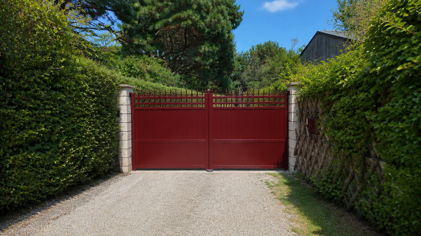 Vue large du portail aluminium rouge fermé entre les haies et le pilier pierre