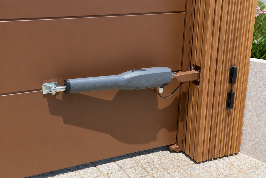 Gros plan sur le verin de motorisation fixe sur le vantail brun