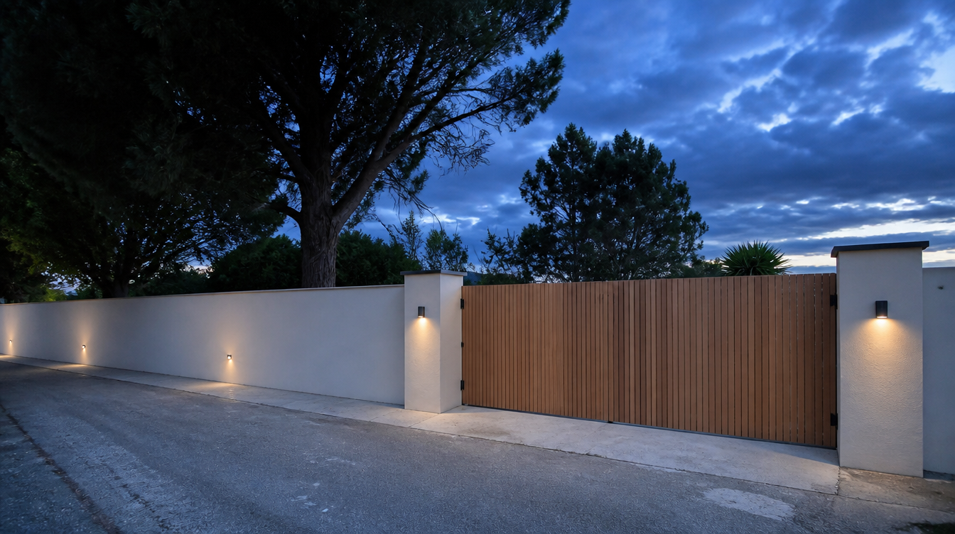 Ambiance crepusculaire sur l'entree, portail effet bois vu de biais