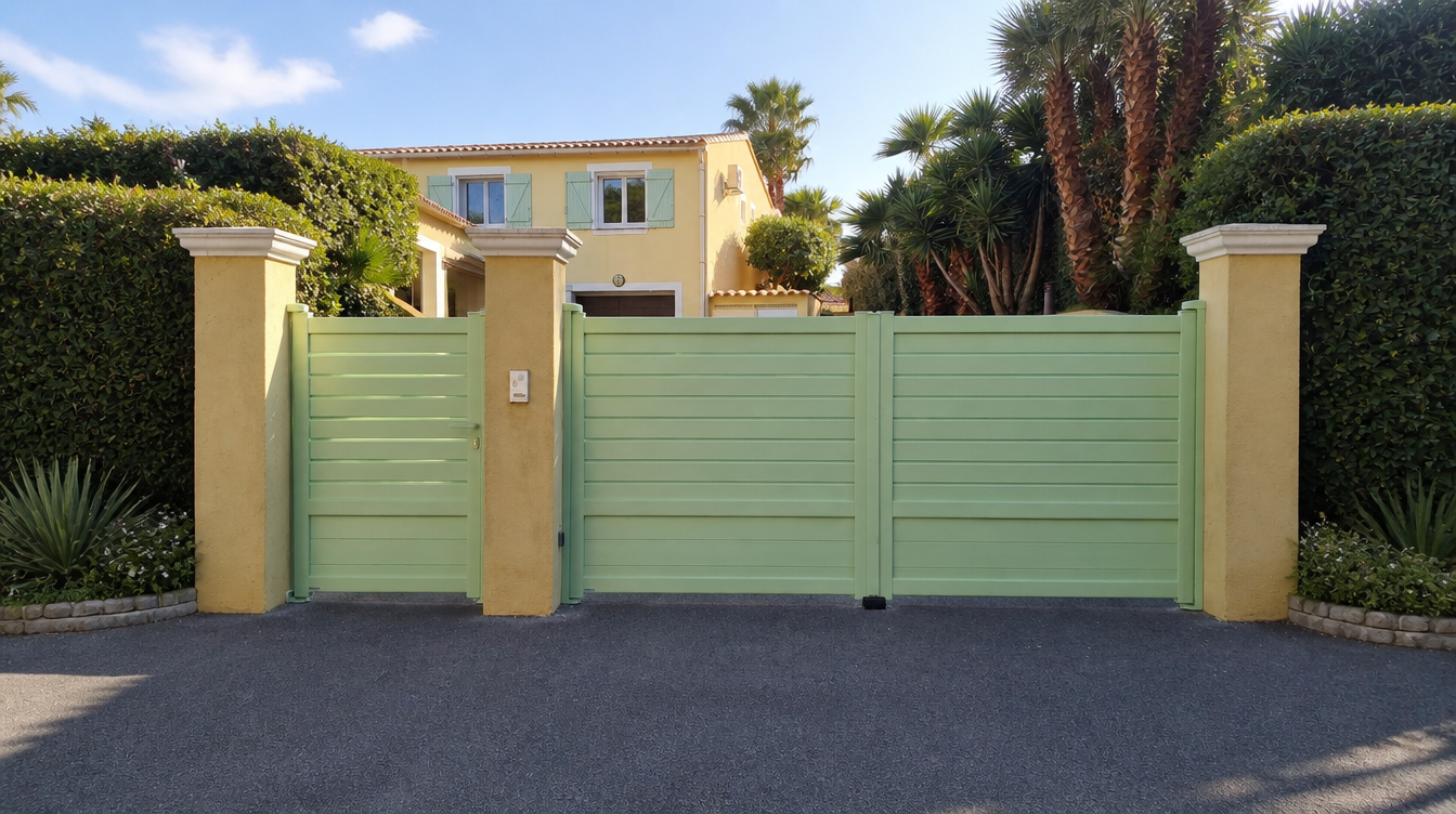 Vue large de l'entree : portail battant et portillon aluminium vert amande