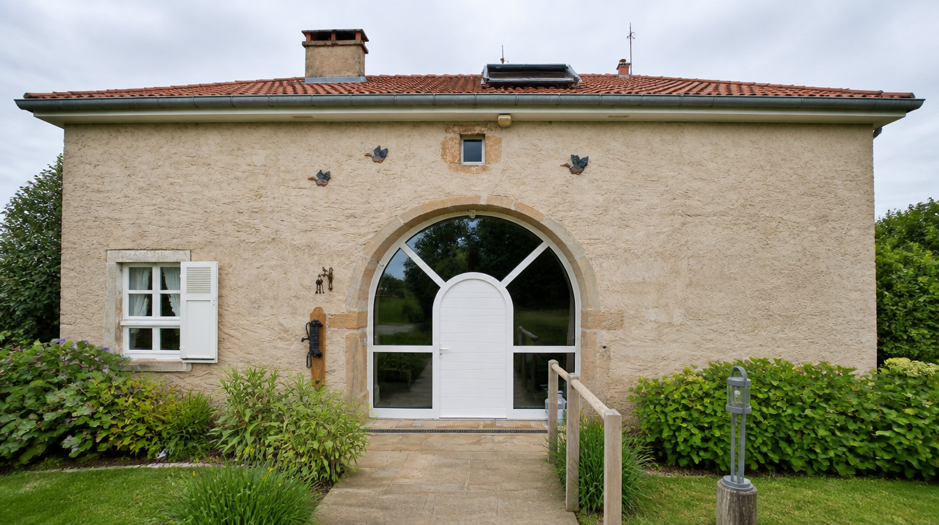 Vue large de la facade en crepi avec porte cochere vitree blanche