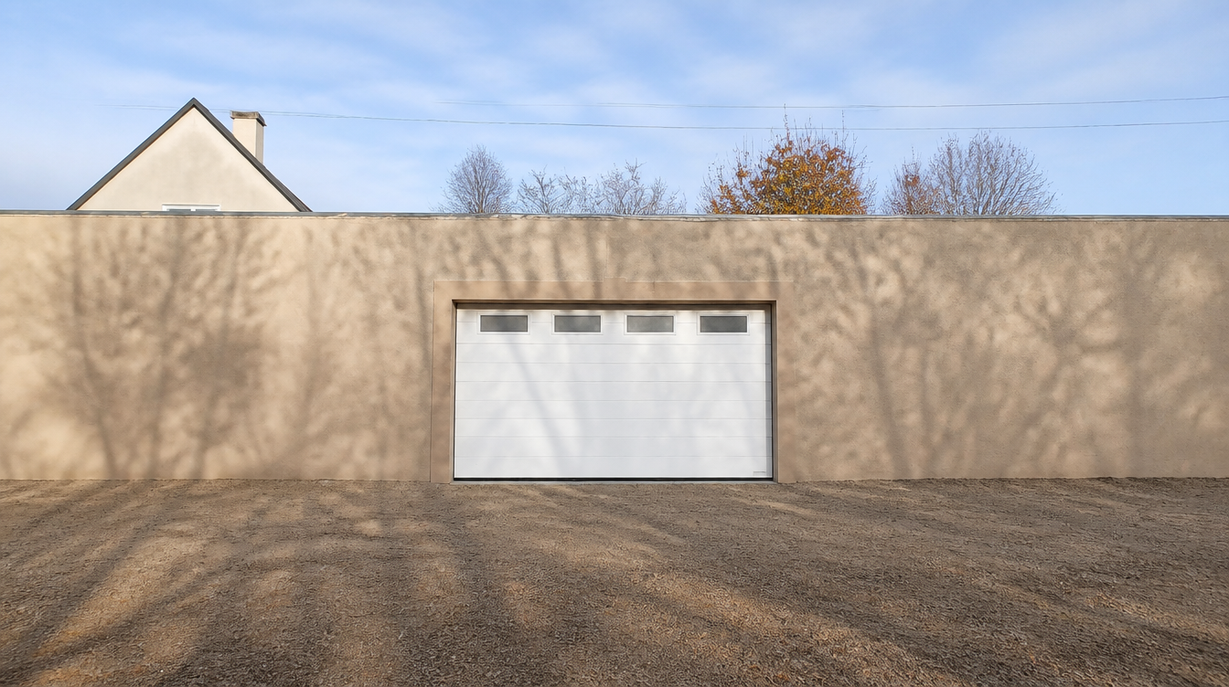 Vue large du garage beige avec porte sectionnelle blanche a quatre hublots horizontaux