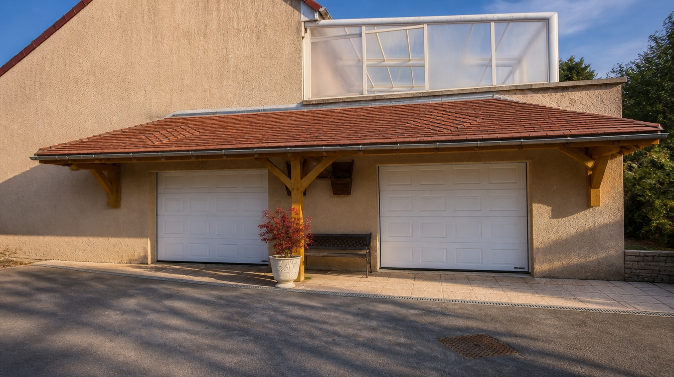 Ambiance de fin de journee sur les deux portes de garage blanches et la cour