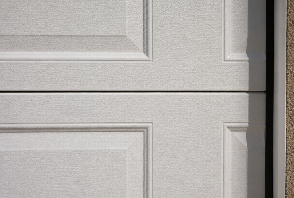 Detail des cassettes en relief et du joint de panneau de la porte blanche