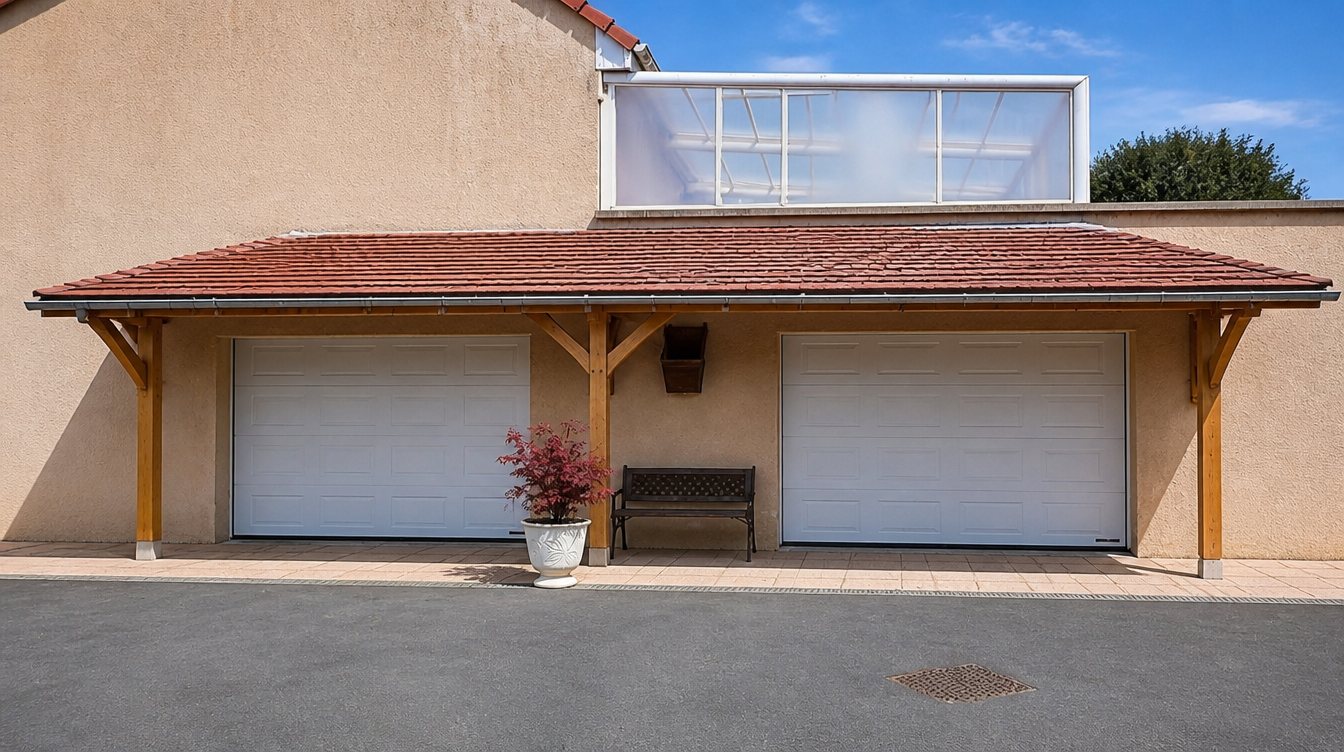 Vue large des deux portes de garage blanches a cassettes sous l'auvent en tuiles