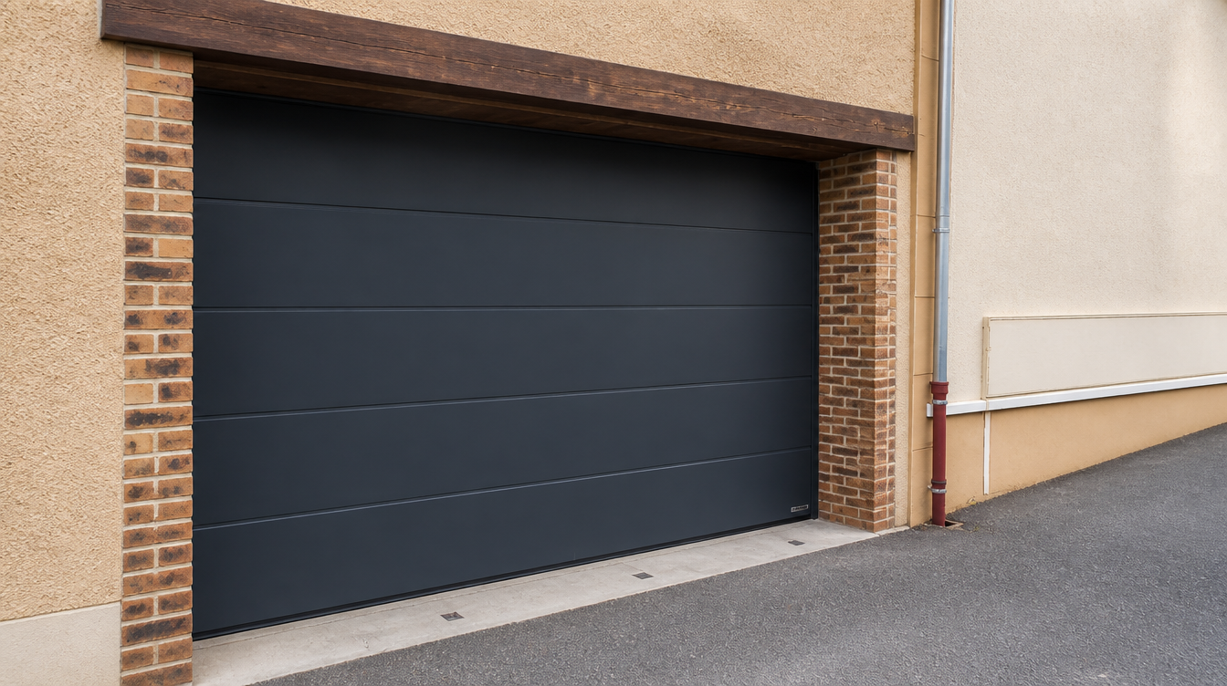 Vue large en trois-quarts de la porte de garage anthracite entre pilier brique et linteau bois